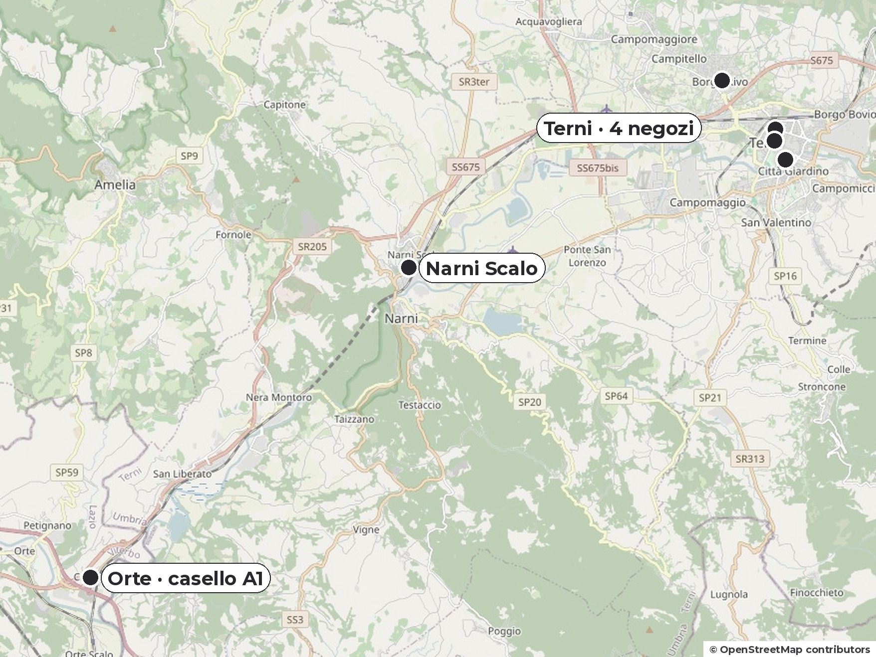 Mappa della zona tra Terni e Orte con i negozi Fumè: quattro a Terni, uno a Narni Scalo e uno a Orte vicino al casello A1